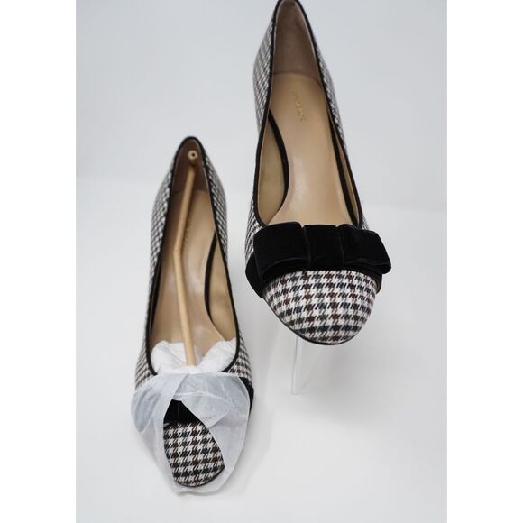 NIB Ann Taylor Kaia Black Velvet Bow Block Heeled Pump Baked Pecan Houndstooth - Picture 3 of 11